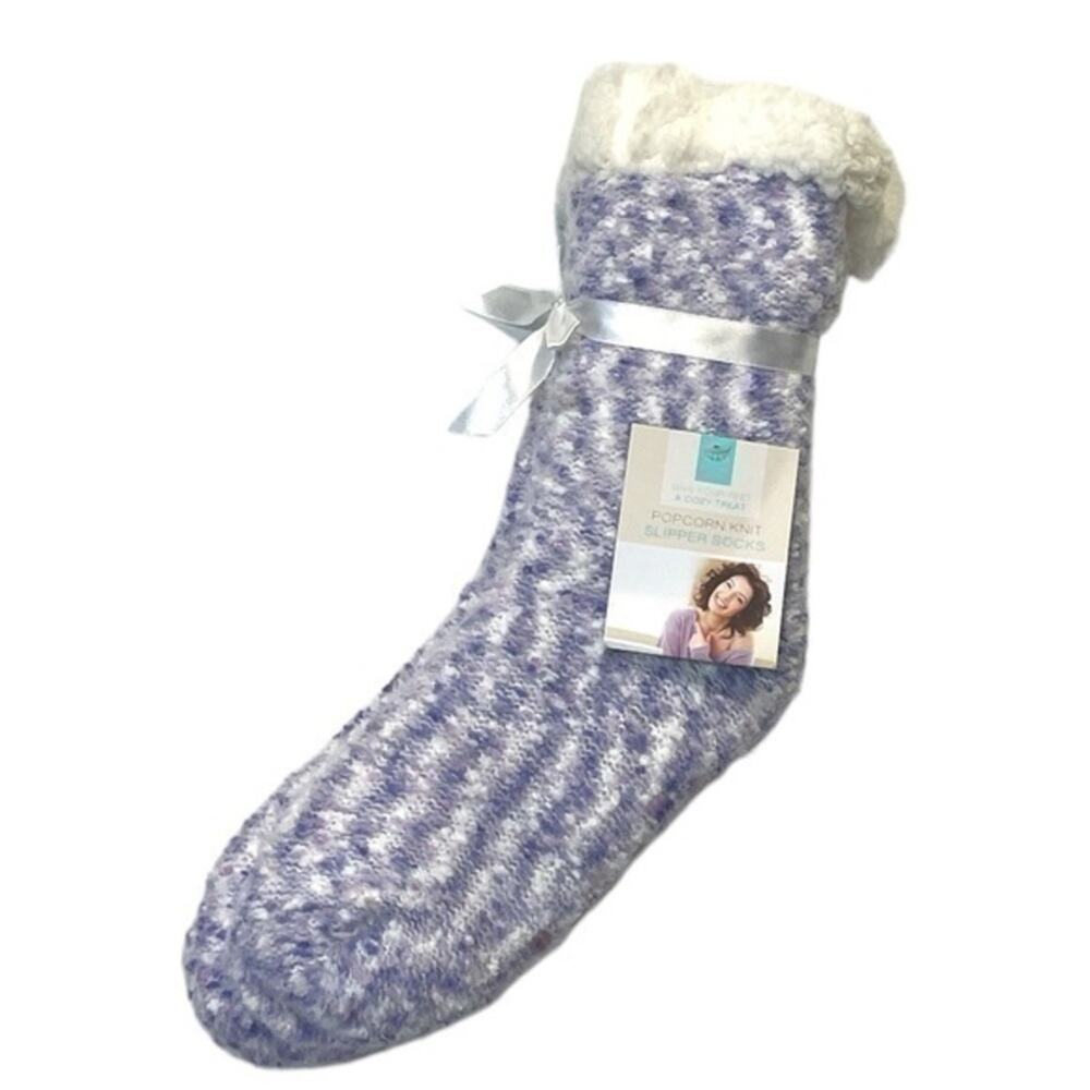Women’s Slipper Socks S/M Purple Lavender White Plush Popcorn Knit Non-Slip NEW